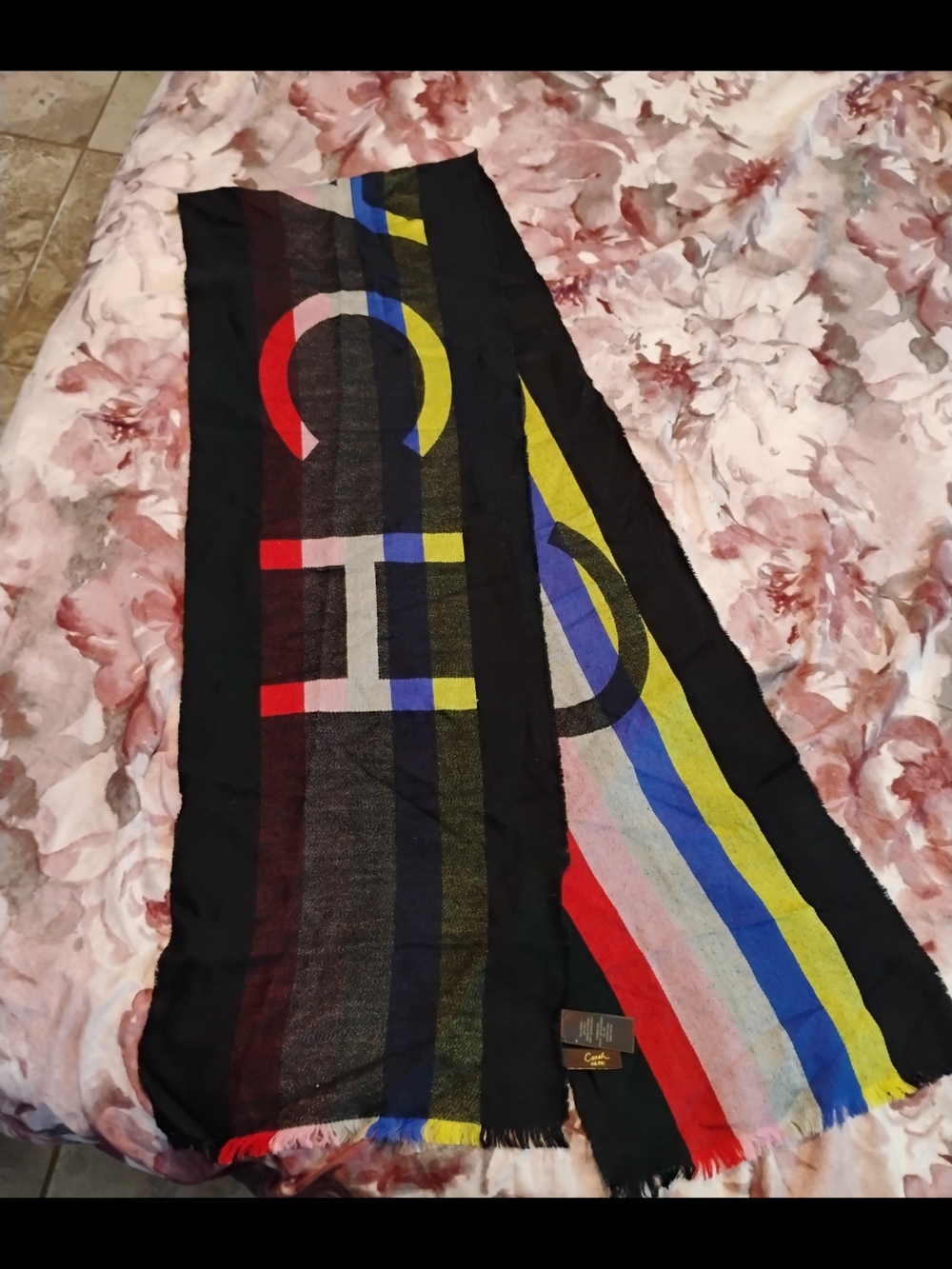 Multi Color Stripe Black Base Coach Brand Scarf